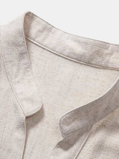 V-Neck Linen-Rayon Blend Top with Straight Leg Linen Trousers