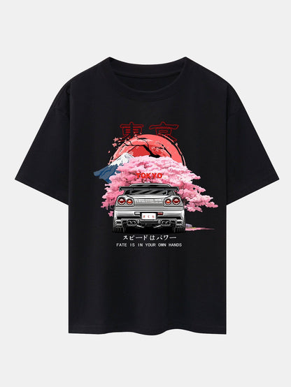 Oversized Drop Shoulder T-Shirt with Tokyo Cherry Blossom Car Print