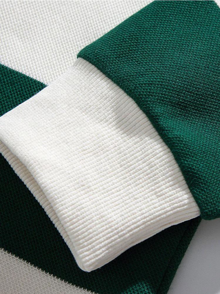 Relaxed Fit Waffle Knit Wide Striped Polo Sweatshirt