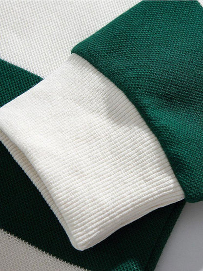 Relaxed Fit Waffle Knit Wide Striped Polo Sweatshirt