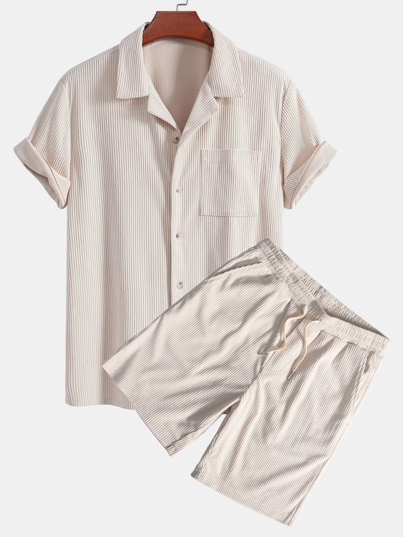 Corduroy Cuban Shirt and Shorts Set with Short Sleeves