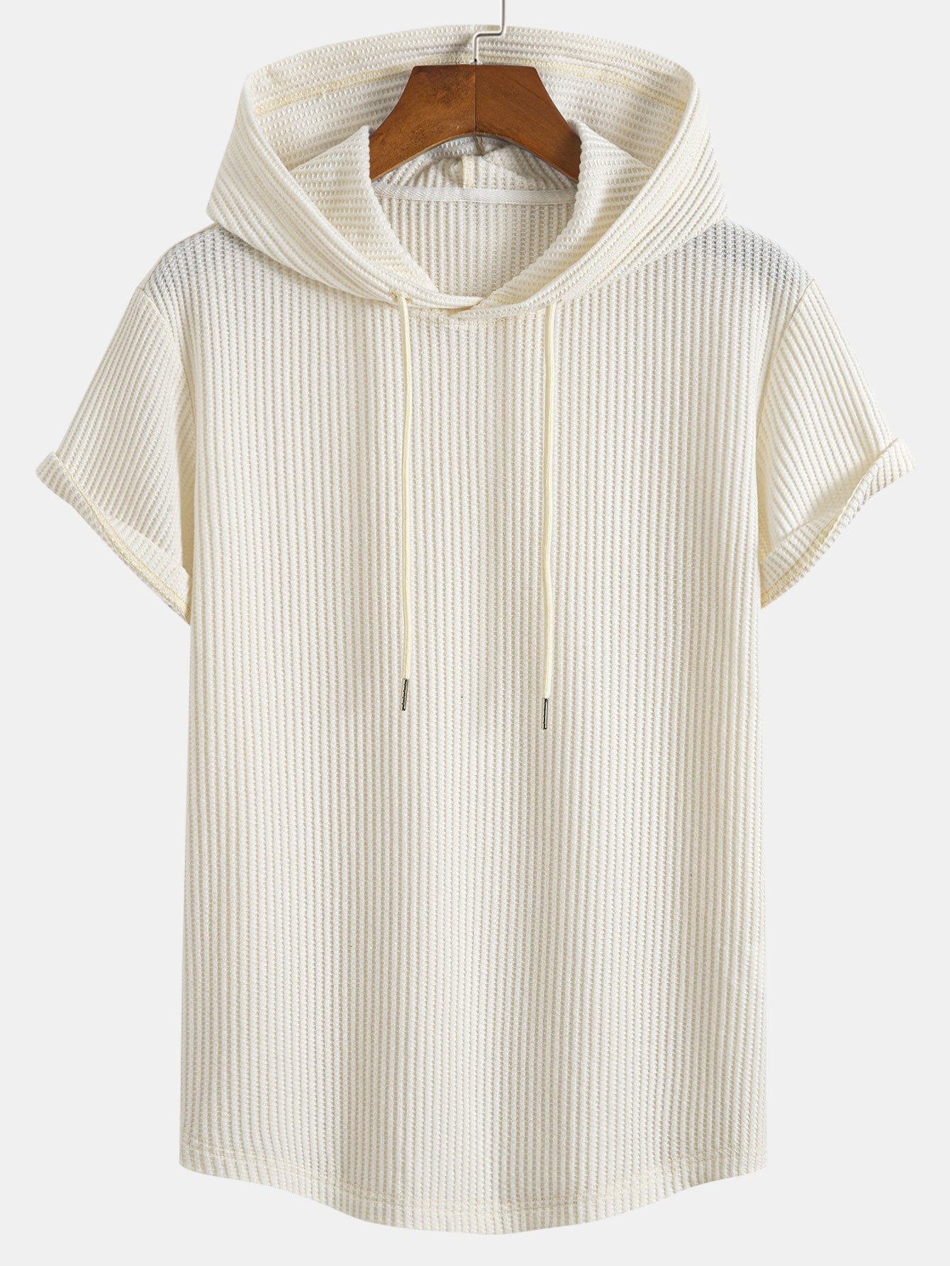 Waffle Knit Hooded T-Shirt with Arc Hem & Drawstring Waffle Shorts