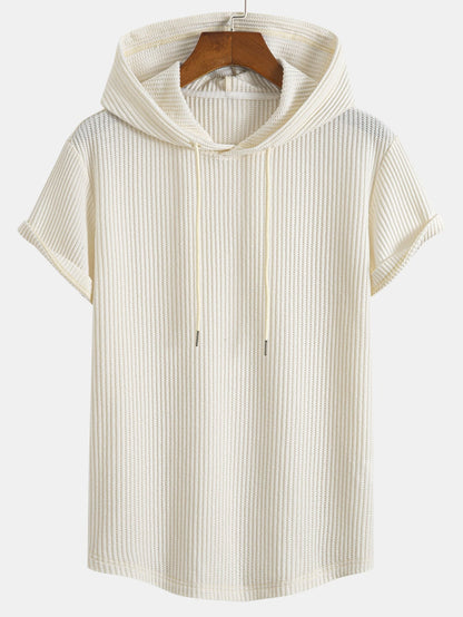 Waffle Knit Hooded T-Shirt with Arc Hem & Drawstring Waffle Shorts