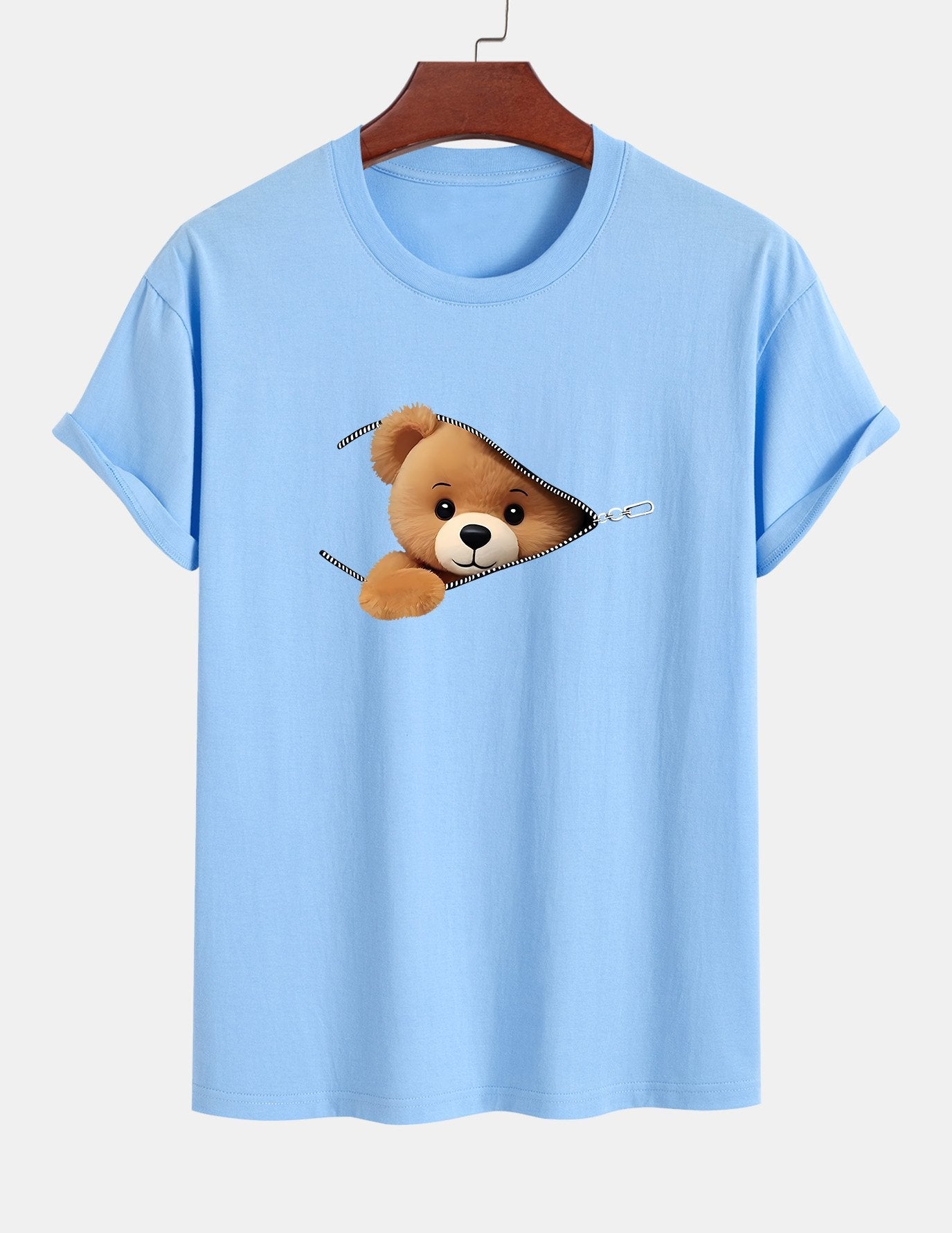 Classic Fit Cotton T-Shirt with Zipper and Bear Print