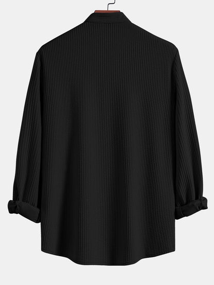 Ribbed Stand Collar Shirt with Long Sleeve and Muscle Fit