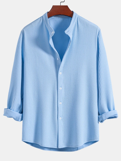 Ribbed Stand Collar Shirt with Long Sleeves and Muscle Fit