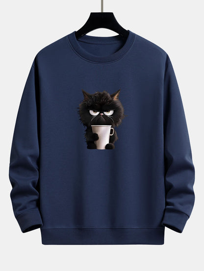 Relaxed Fit Sweatshirt Featuring Black Cat Enjoying Coffee Print