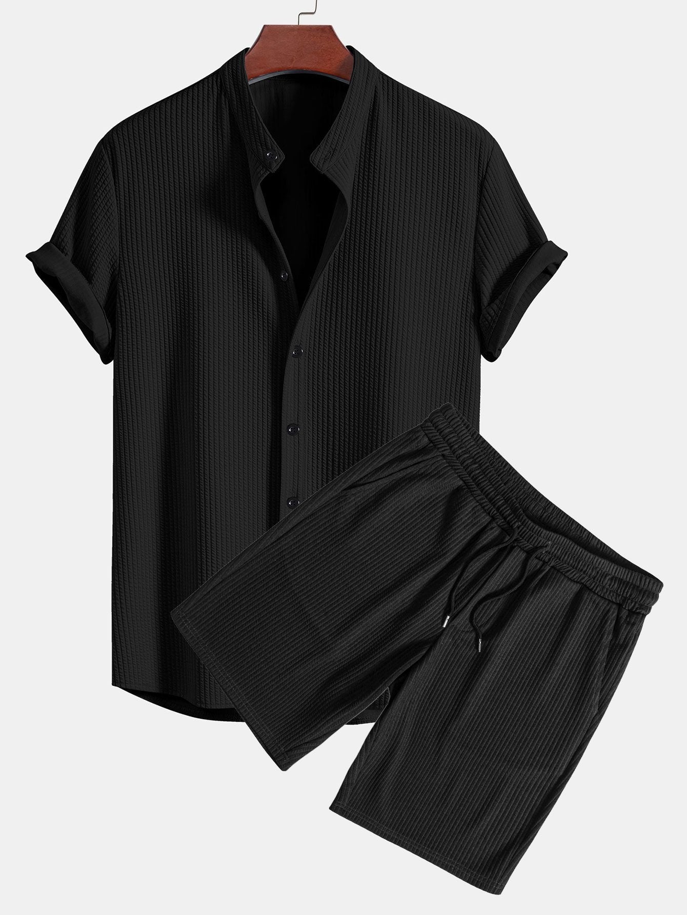 Ribbed Muscle Fit Stand Collar Shirt and Shorts Set