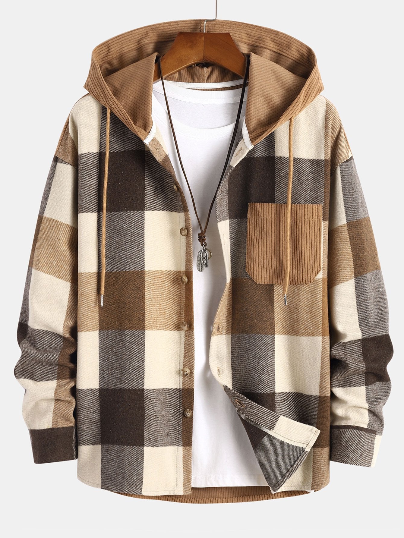 Cozy Plaid Corduroy Patchwork Hooded Shirt with Relaxed Fit
