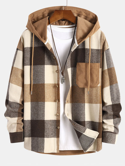 Cozy Plaid Corduroy Patchwork Hooded Shirt with Relaxed Fit