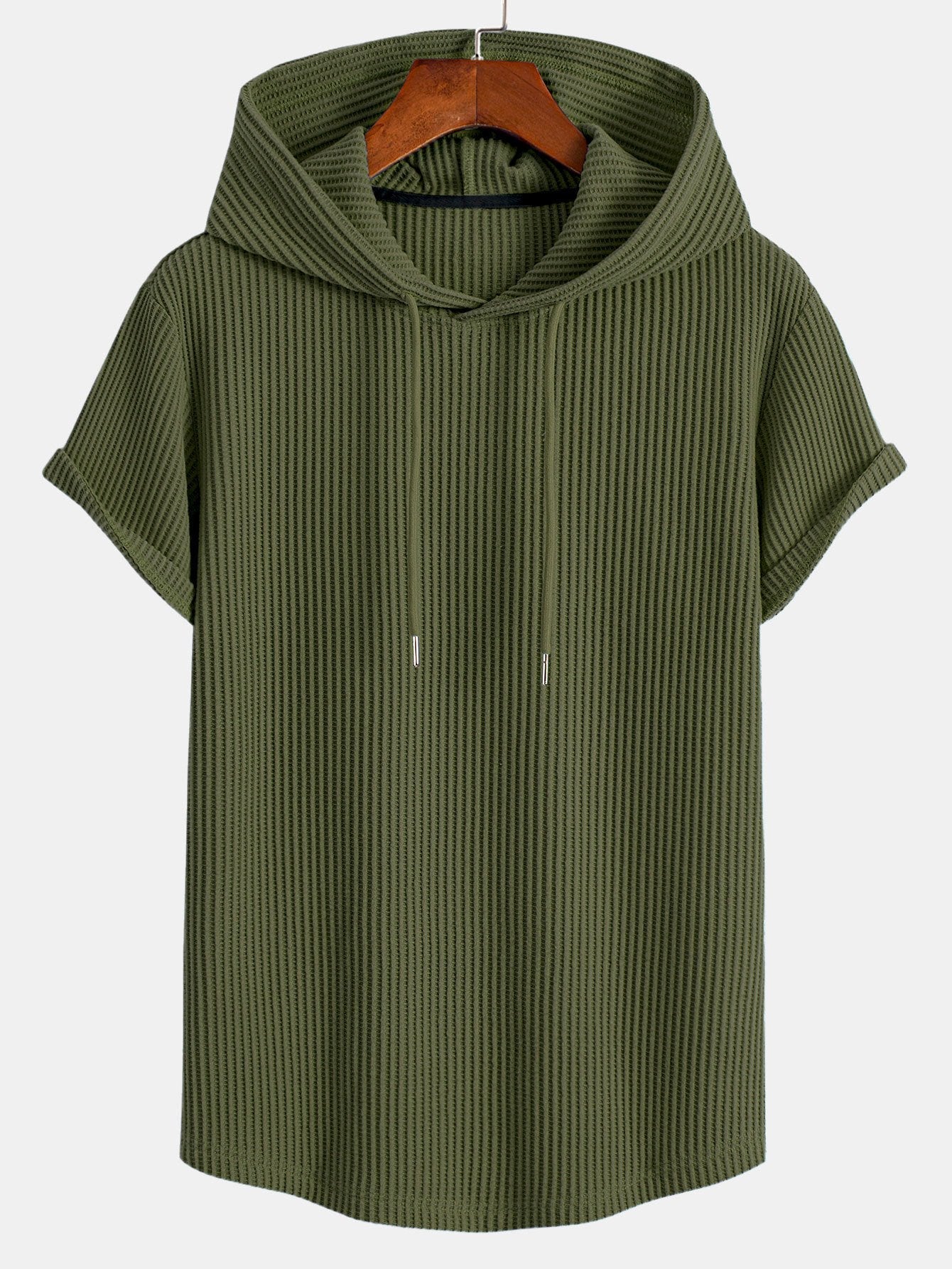 Waffle Knit Hooded T-Shirt with Arc Hem & Drawstring Waffle Shorts