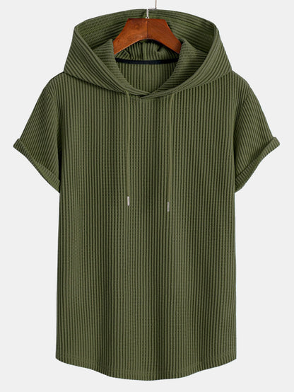 Waffle Knit Hooded T-Shirt with Arc Hem & Drawstring Waffle Shorts