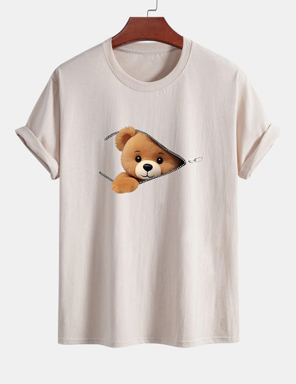 Classic Fit Cotton T-Shirt with Zipper and Bear Print