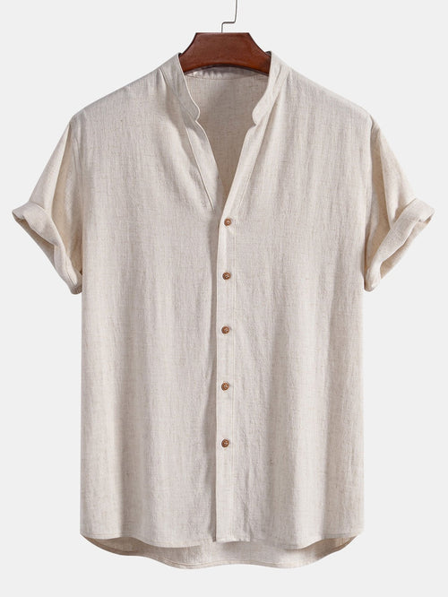 V-Neck Short Sleeve Linen-Rayon Blend Shirt