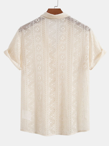 Short Sleeve Textured Cuban Shirt with Geometric Design