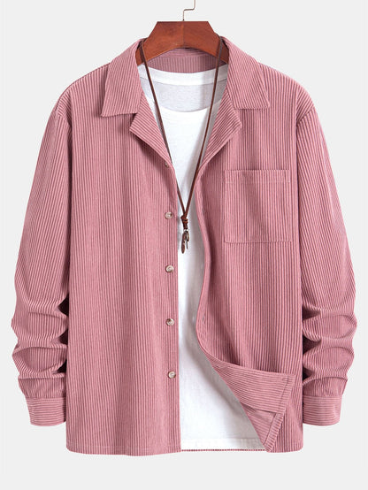Corduroy Cuban Collar Shirt with Long Sleeves
