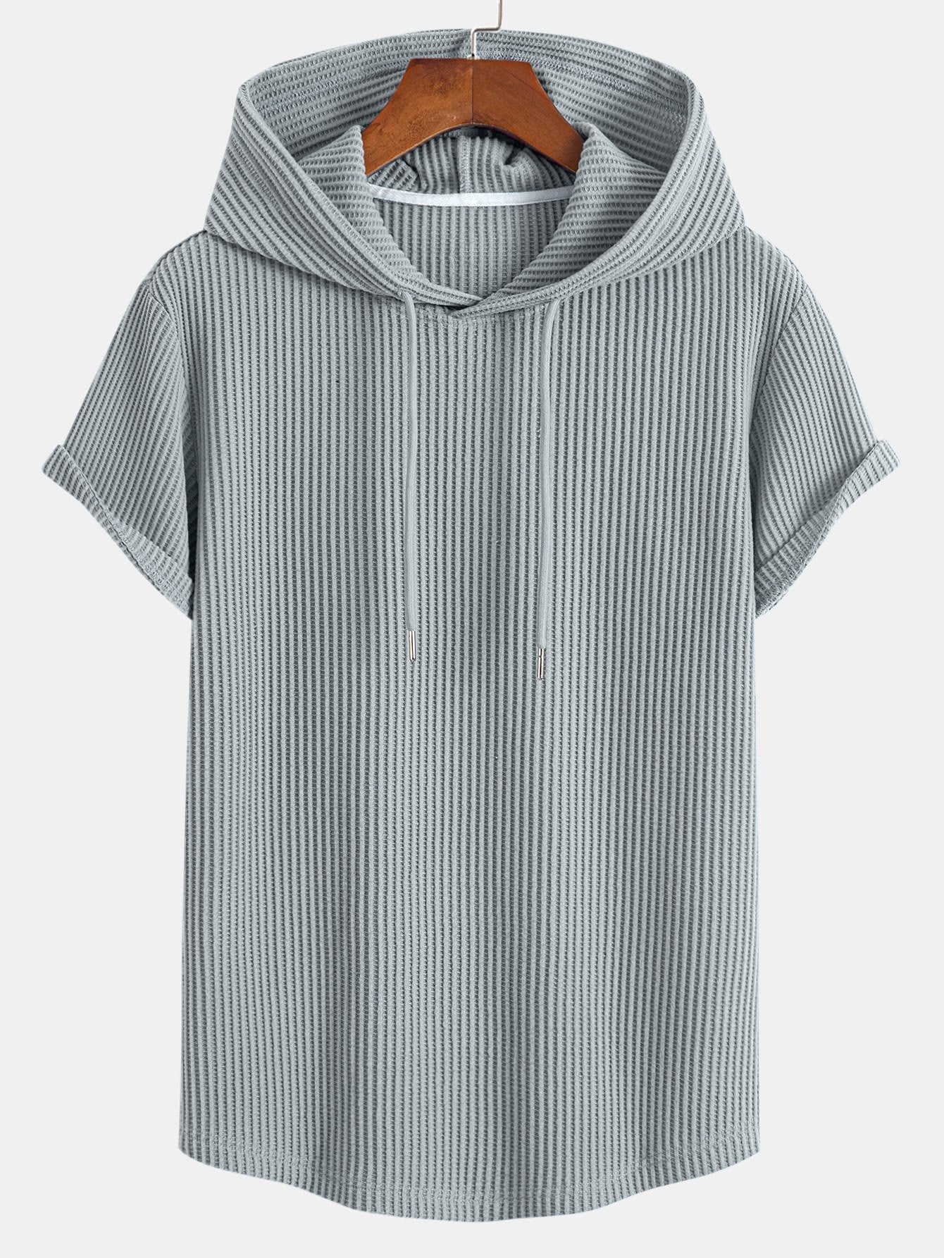 Waffle Knit Hooded T-Shirt with Arc Hem & Drawstring Waffle Shorts