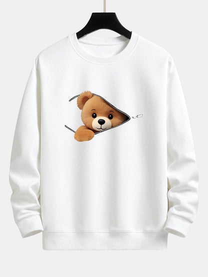 Relaxed Fit Sweatshirt with Zipper and Bear Print