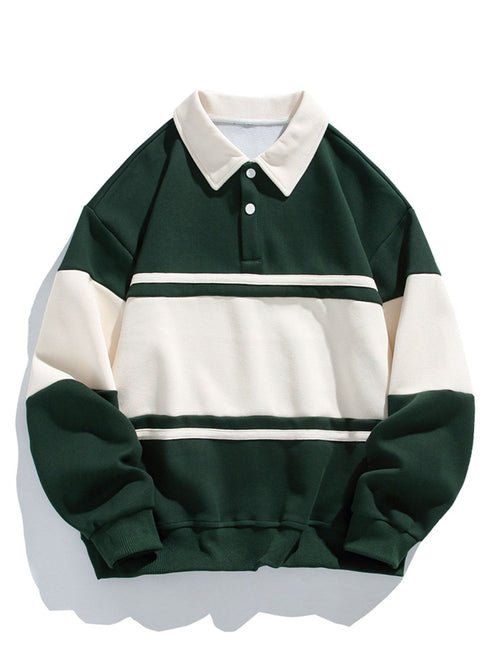 Color Block Patchwork Polo Sweatshirt with Relaxed Fit