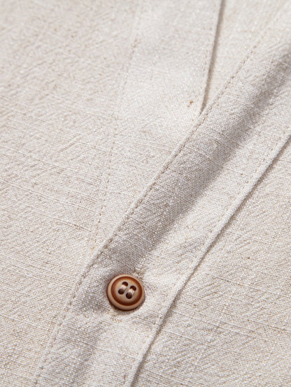 V-Neck Short Sleeve Linen-Rayon Blend Shirt