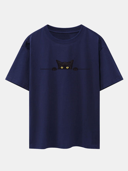 Oversized Drop Shoulder T-Shirt with Black Cat Print