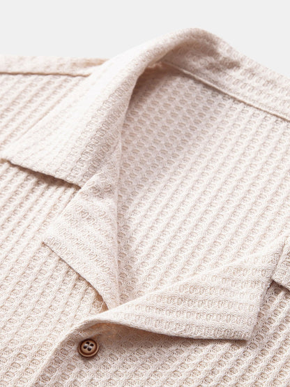 Cuban Collar Short Sleeve Waffle Knit Shirt with Straight Leg Linen Trousers