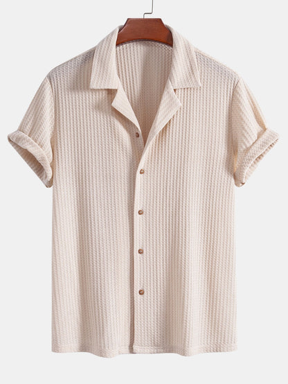 Short Sleeve Waffle Knit Cuban Shirt with Straight Leg Linen Trousers