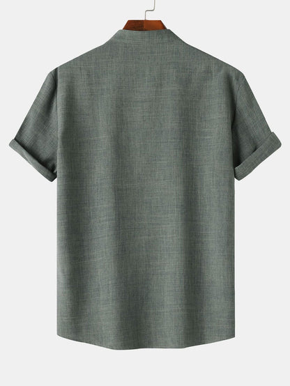 Short Sleeve Henley Shirt with Linen Texture