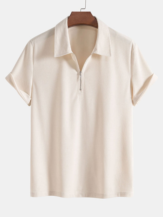 Elastic Corduroy Zip-Up Polo
