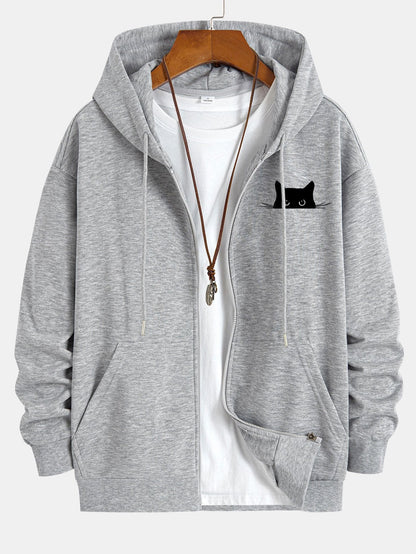 Relaxed Fit Zip Hoodie with Black Cat Print