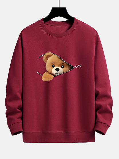 Relaxed Fit Sweatshirt with Zipper and Bear Print