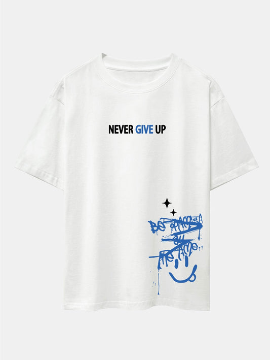 Never Give Up Smiley Face Graphic Oversized Drop Shoulder T-Shirt