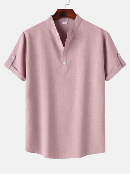 Short Sleeve Henley Shirt with Linen Texture