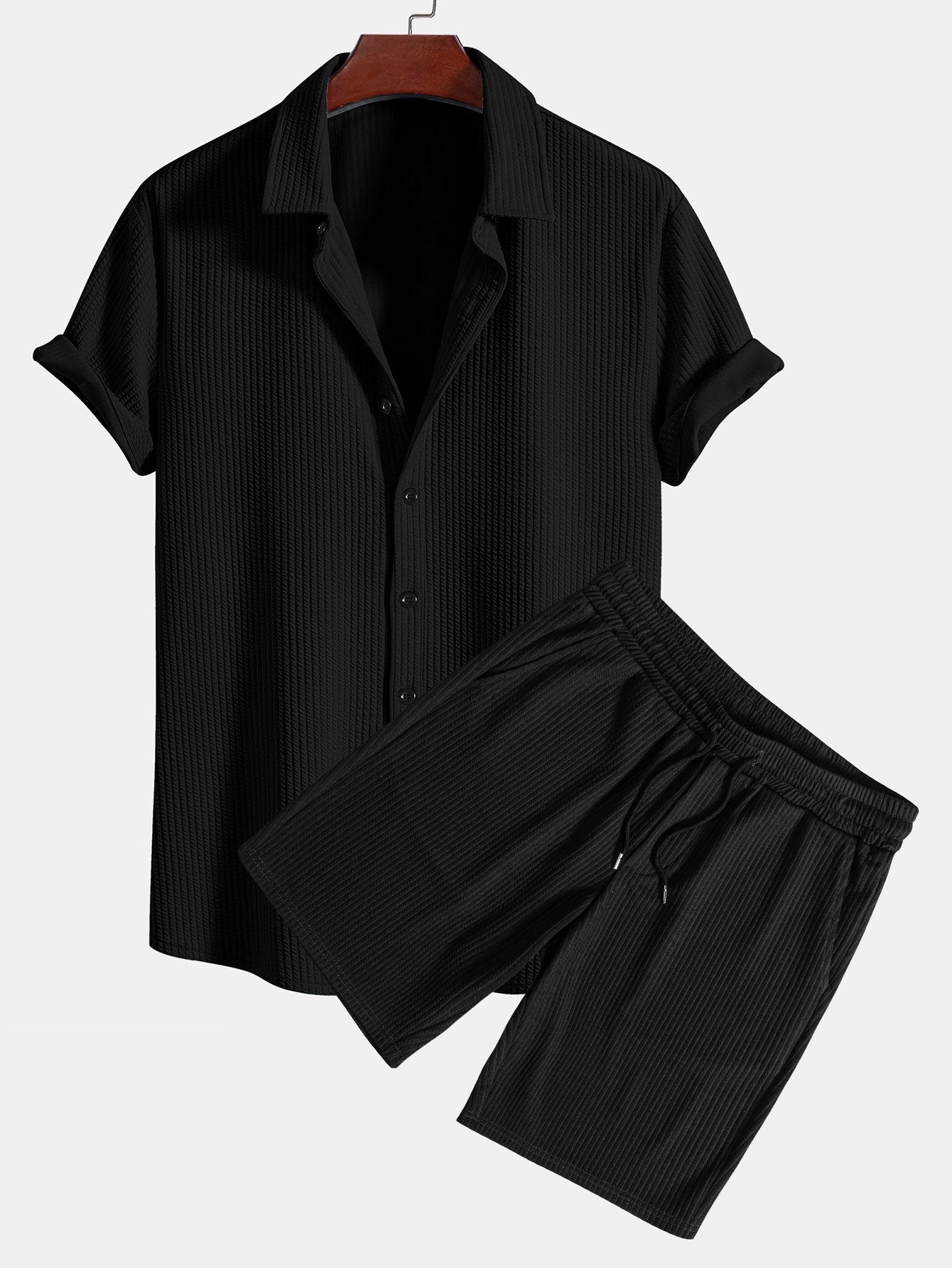 Ribbed Muscle Fit Button-Up Shirt and Shorts Set