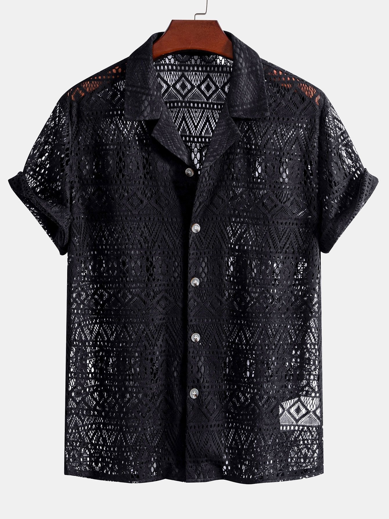 Short Sleeve Cuban Shirt with Geometric Texture