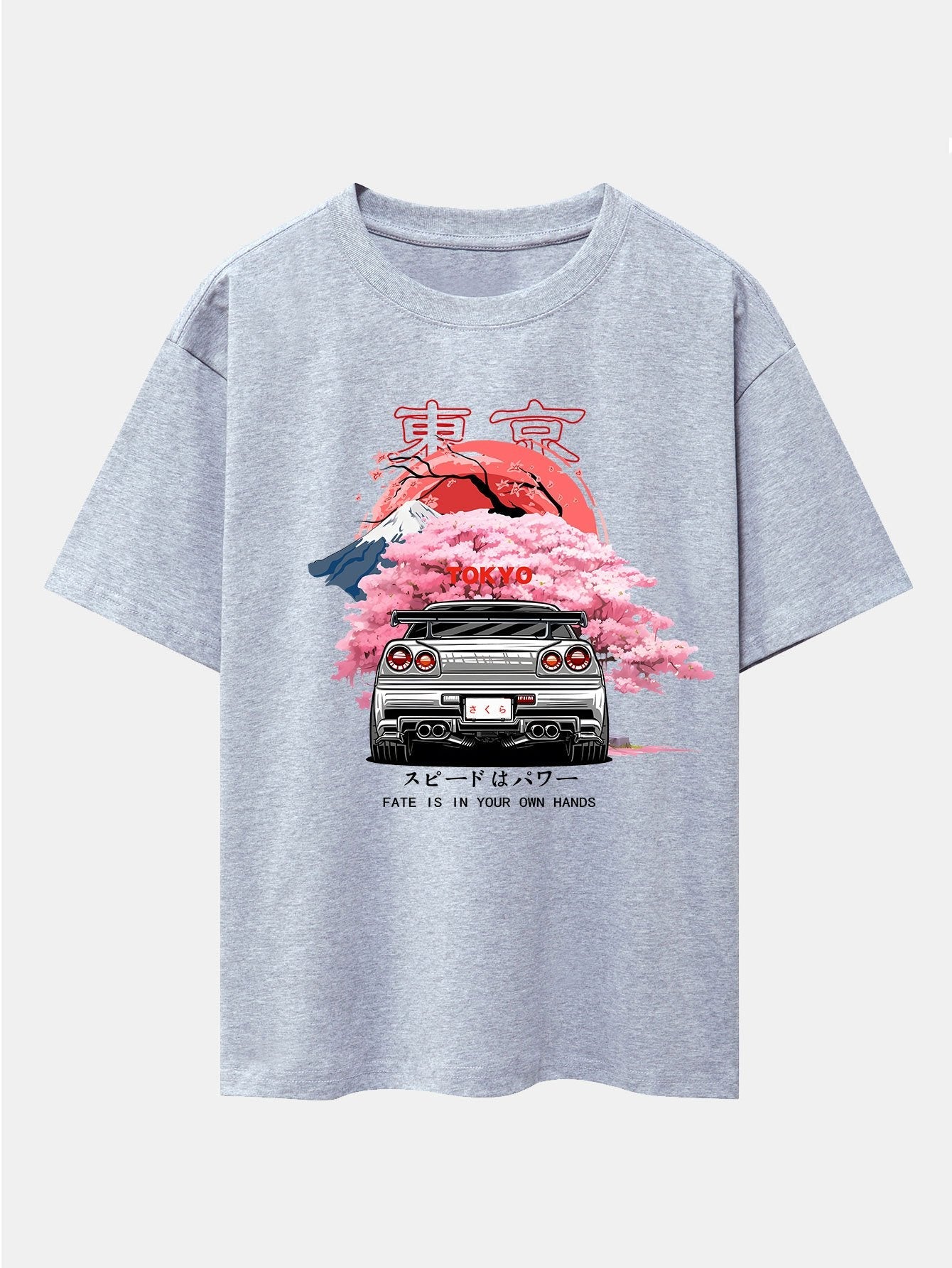 Oversized Drop Shoulder T-Shirt with Tokyo Cherry Blossom Car Print