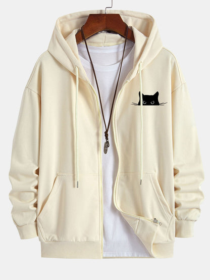 Relaxed Fit Zip Hoodie with Black Cat Print