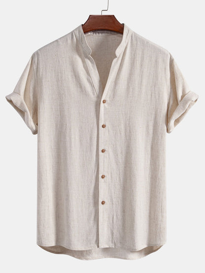 Short Sleeve V-Neck Linen-Rayon Blend Shirt with Wrinkle-Textured Straight Leg Pants