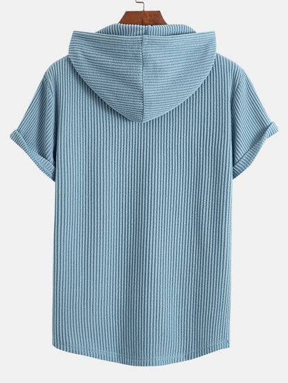 Waffle Knit Hooded T-Shirt with Arc Hem & Drawstring Waffle Shorts