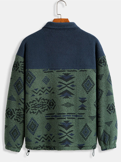 Aztec Patterned Patchwork Teddy Fleece Jacket