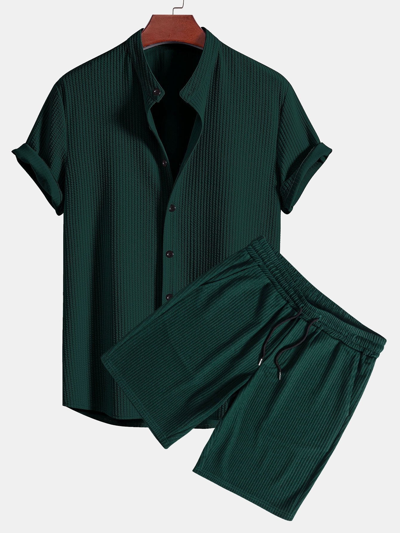 Ribbed Muscle Fit Stand Collar Shirt and Shorts Set