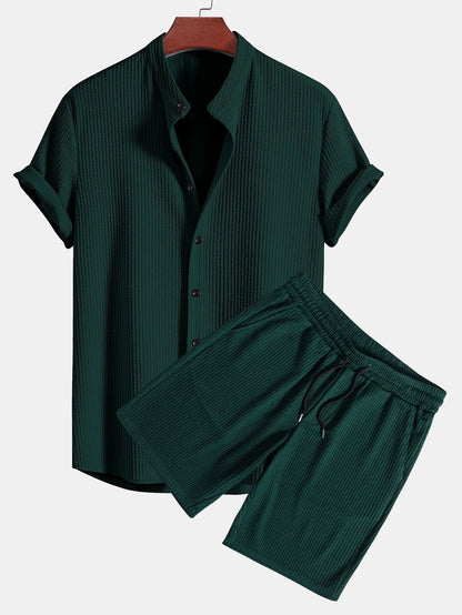 Ribbed Muscle Fit Stand Collar Shirt and Shorts Set