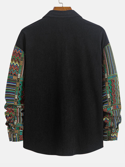 Relaxed Fit Ethnic Geometric Corduroy Patchwork Shirt - Unique Random Pattern Design