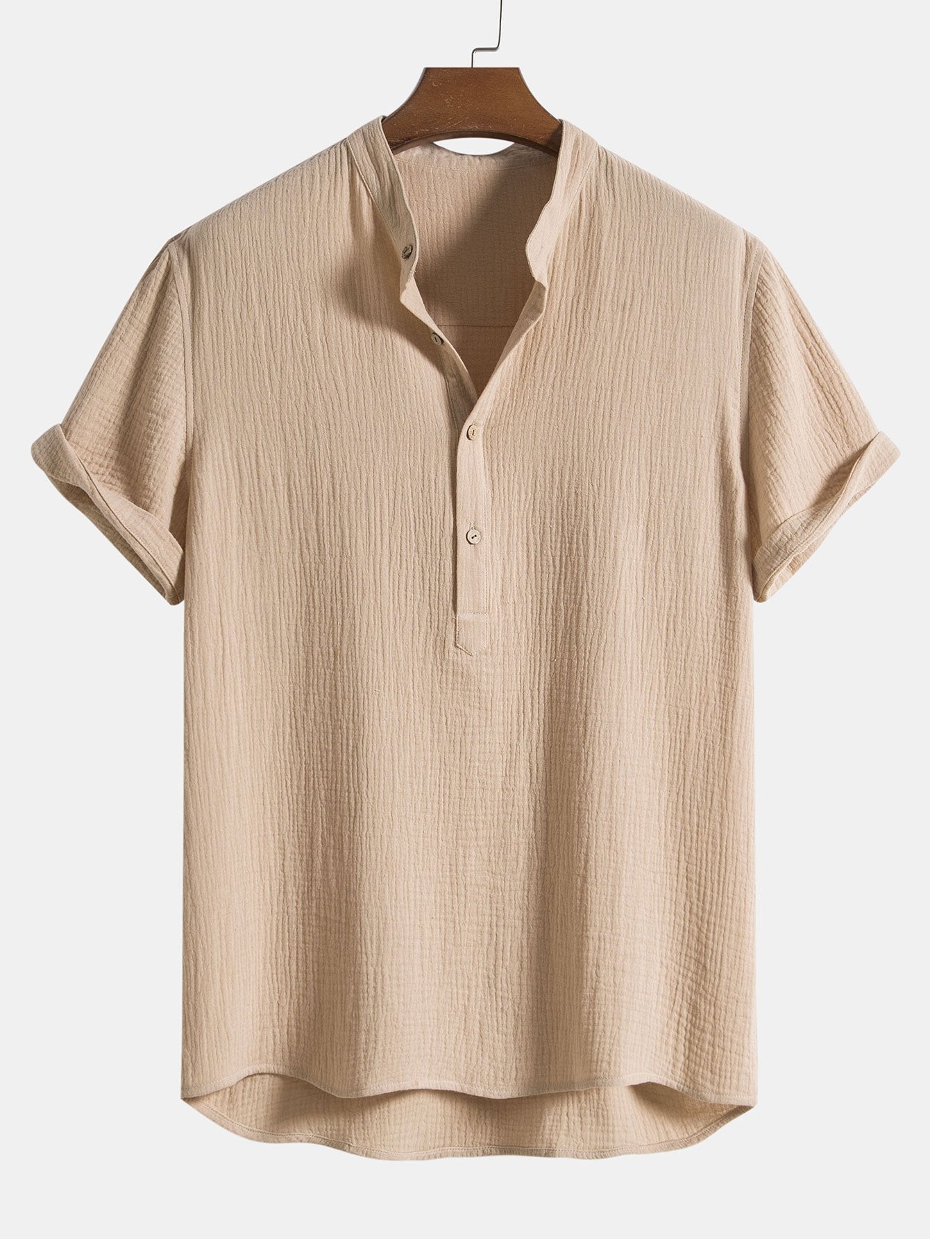 Wrinkled Cotton Henley Shirt with Half Open Placket