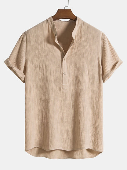 Wrinkled Cotton Henley Shirt with Half Open Placket
