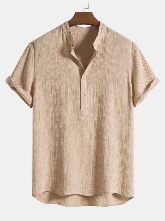 Wrinkled Cotton Henley Shirt with Half Open Placket