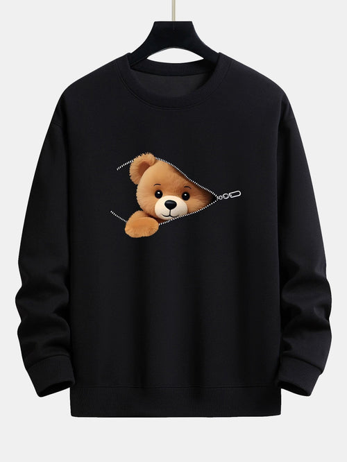 Relaxed Fit Sweatshirt with Zipper and Bear Print