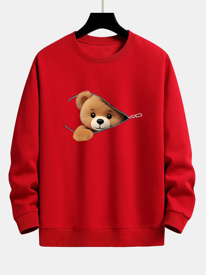 Relaxed Fit Sweatshirt with Zipper and Bear Print