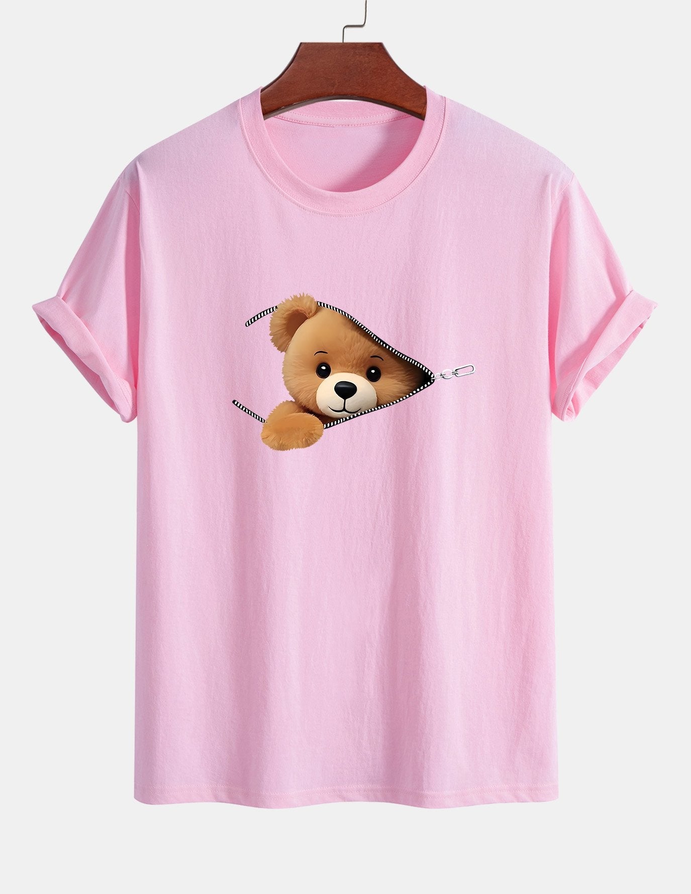 Classic Fit Cotton T-Shirt with Zipper and Bear Print