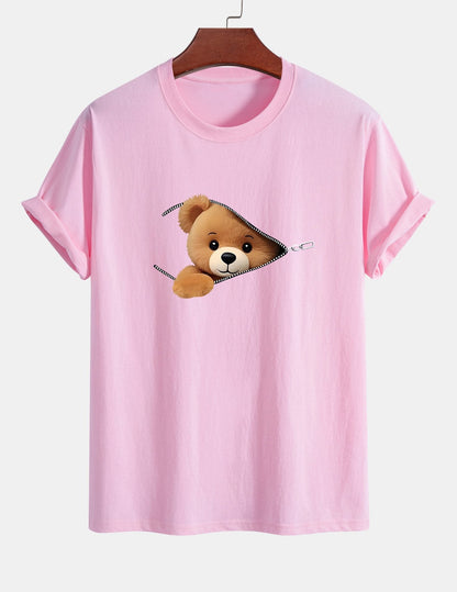 Classic Fit Cotton T-Shirt with Zipper and Bear Print